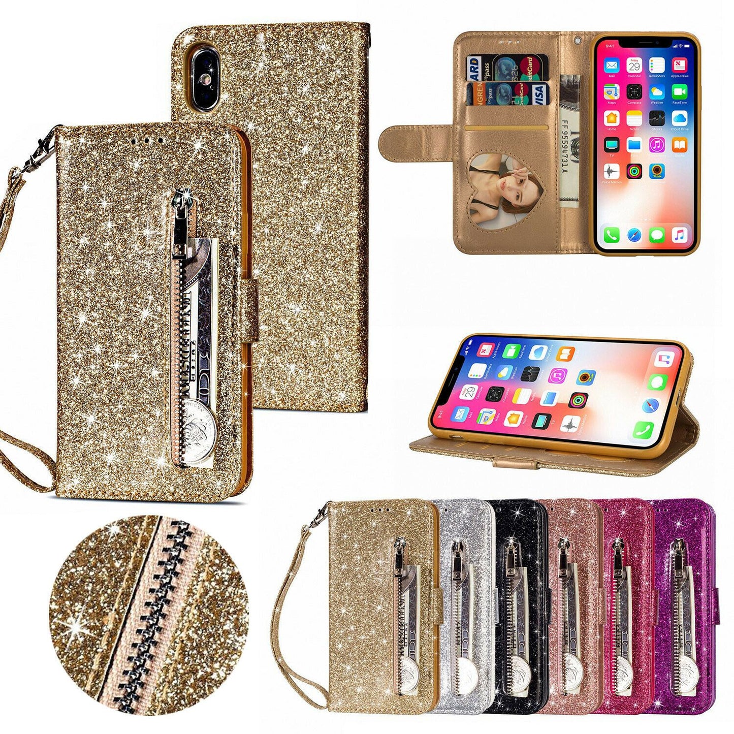 Glitter Bling Leather Zipper Wallet Case For iPhone - carolay.co