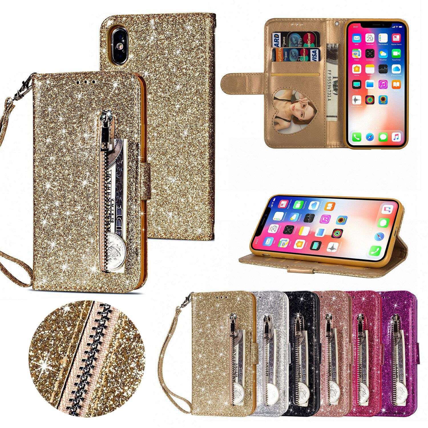 Glitter Bling Leather Zipper Wallet Case For iPhone - carolay.co