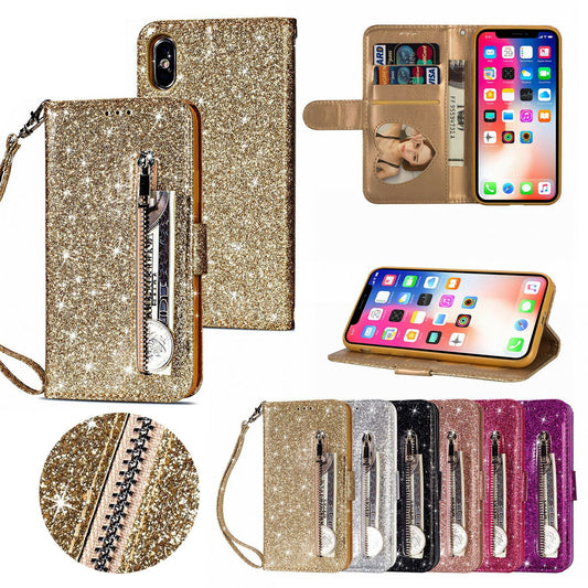 Glitter Bling Leather Zipper Wallet Case For iPhone - carolay.co