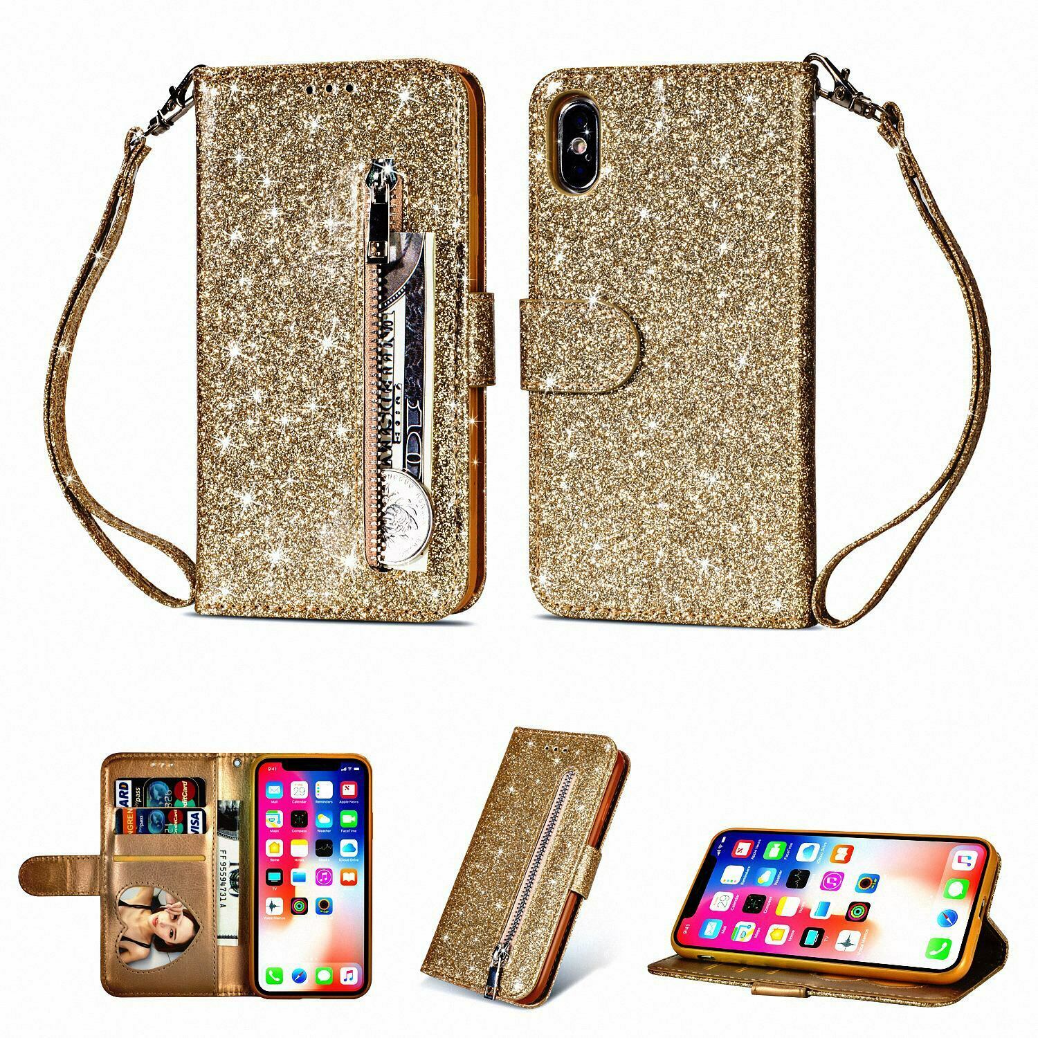 Glitter Bling Leather Zipper Wallet Case For iPhone - carolay.co