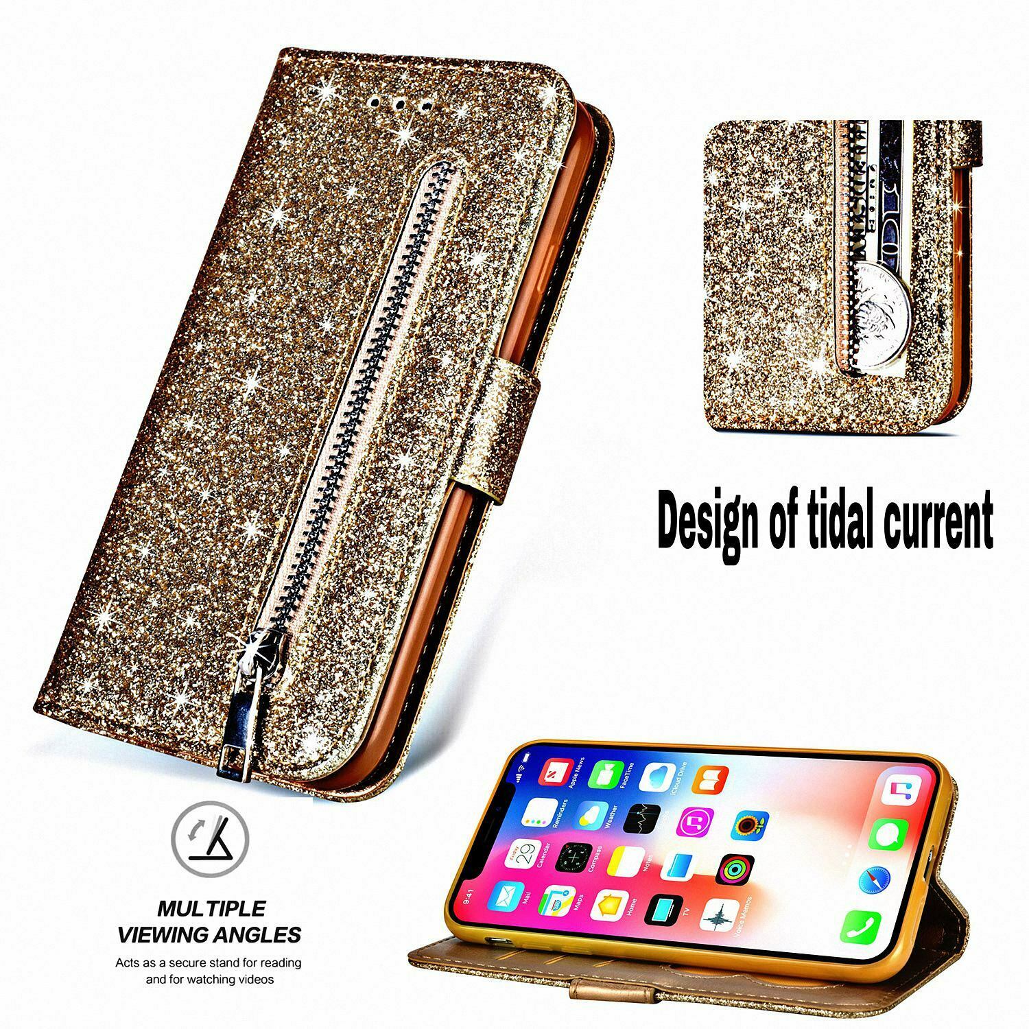 Glitter Bling Leather Zipper Wallet Case For iPhone - carolay.co