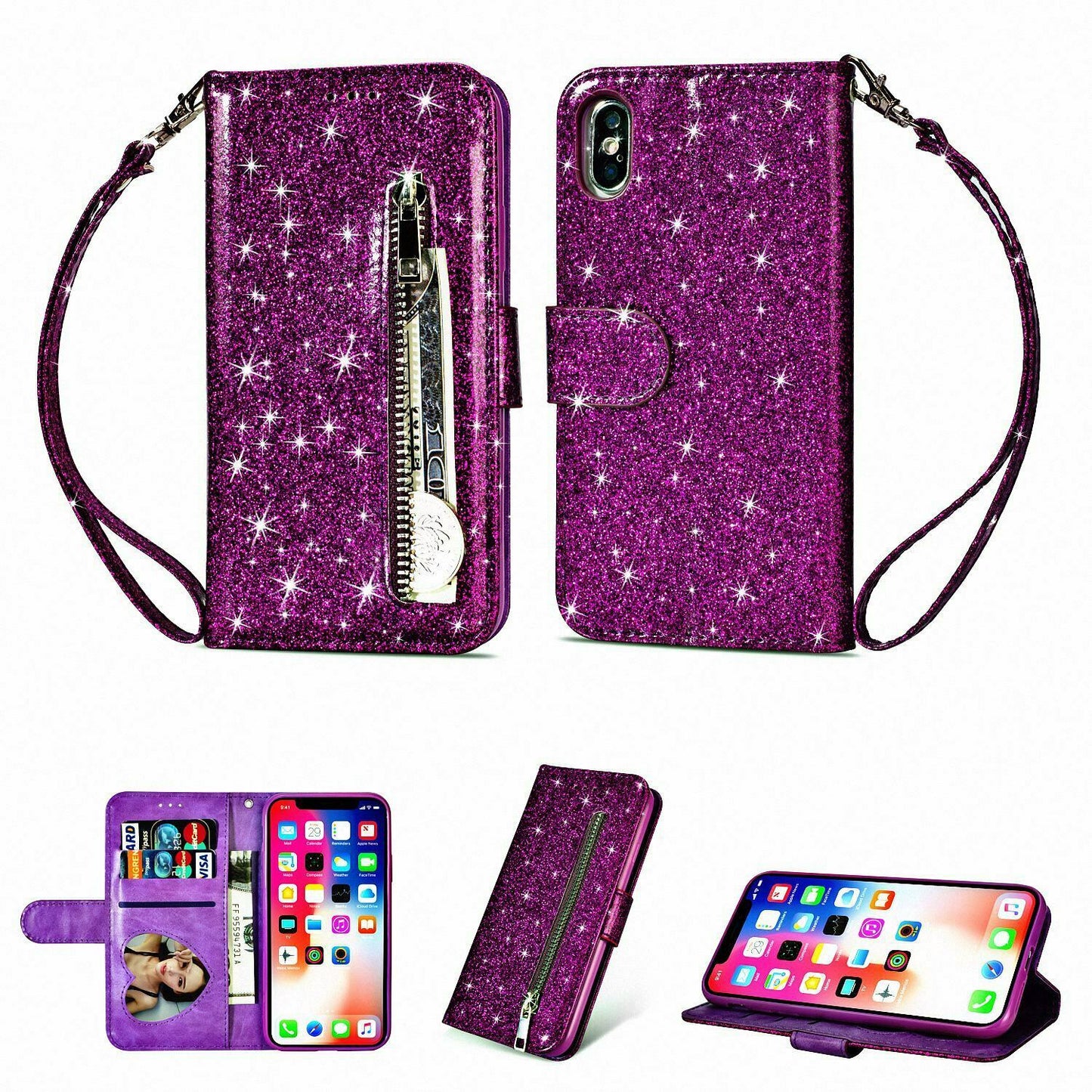 Glitter Bling Leather Zipper Wallet Case For iPhone - carolay.co