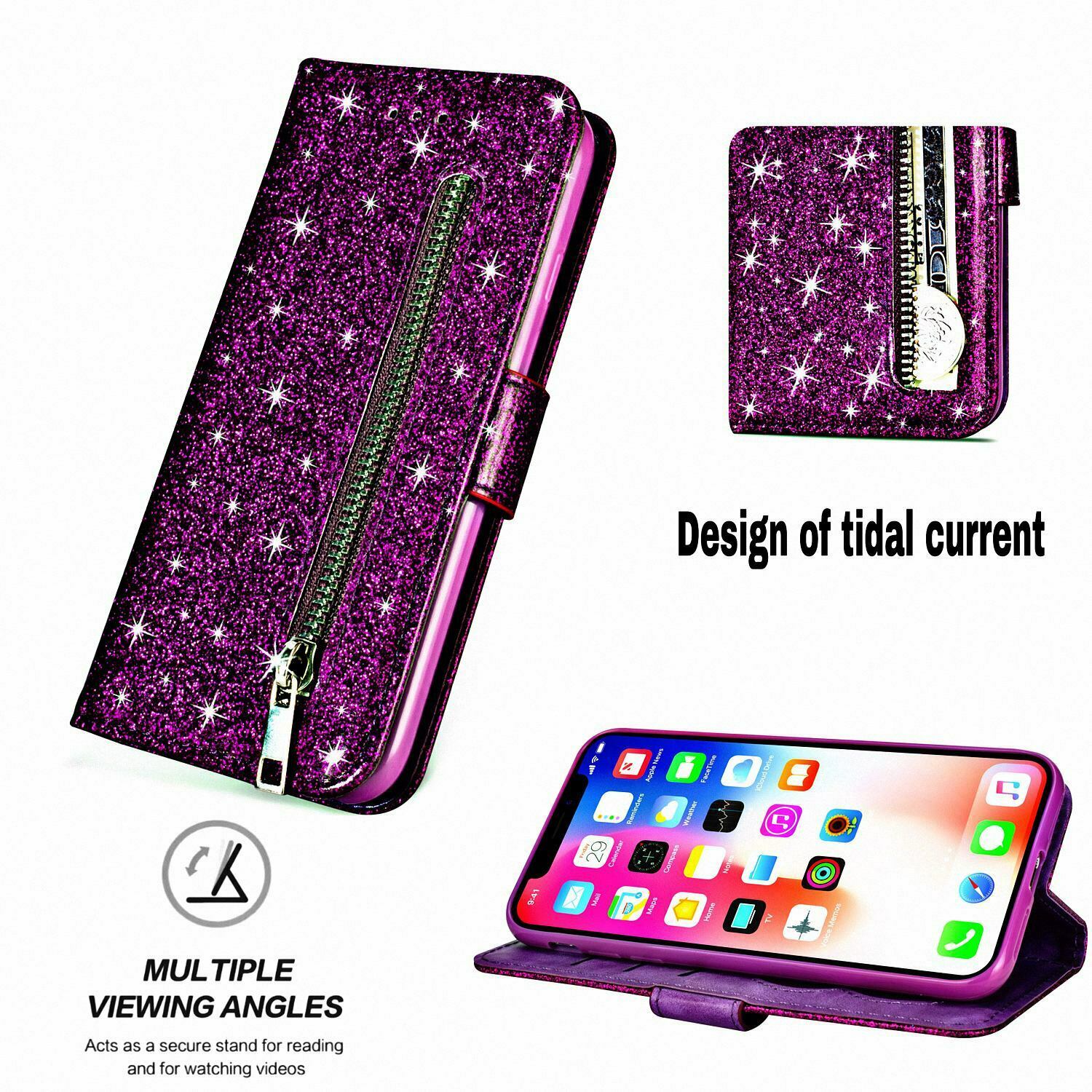 Glitter Bling Leather Zipper Wallet Case For iPhone - carolay.co