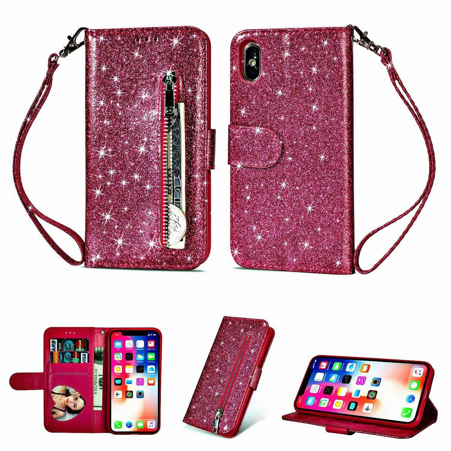 Glitter Bling Leather Zipper Wallet Case For iPhone - carolay.co
