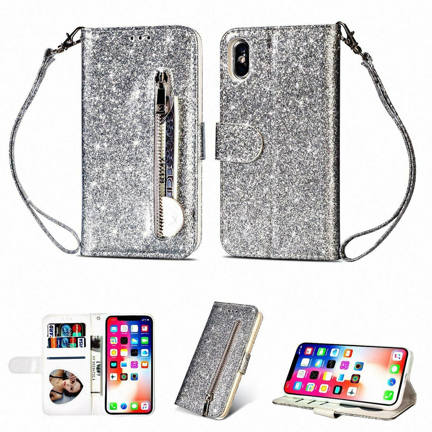 Glitter Bling Leather Zipper Wallet Case For iPhone - carolay.co