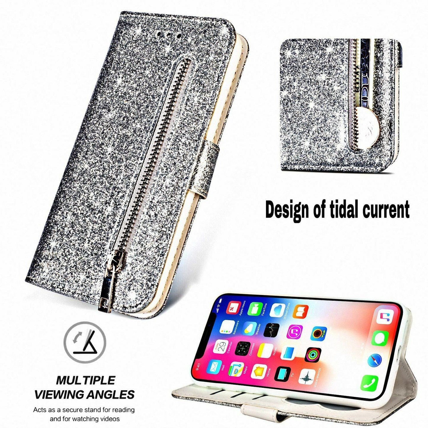 Glitter Bling Leather Zipper Wallet Case For iPhone - carolay.co