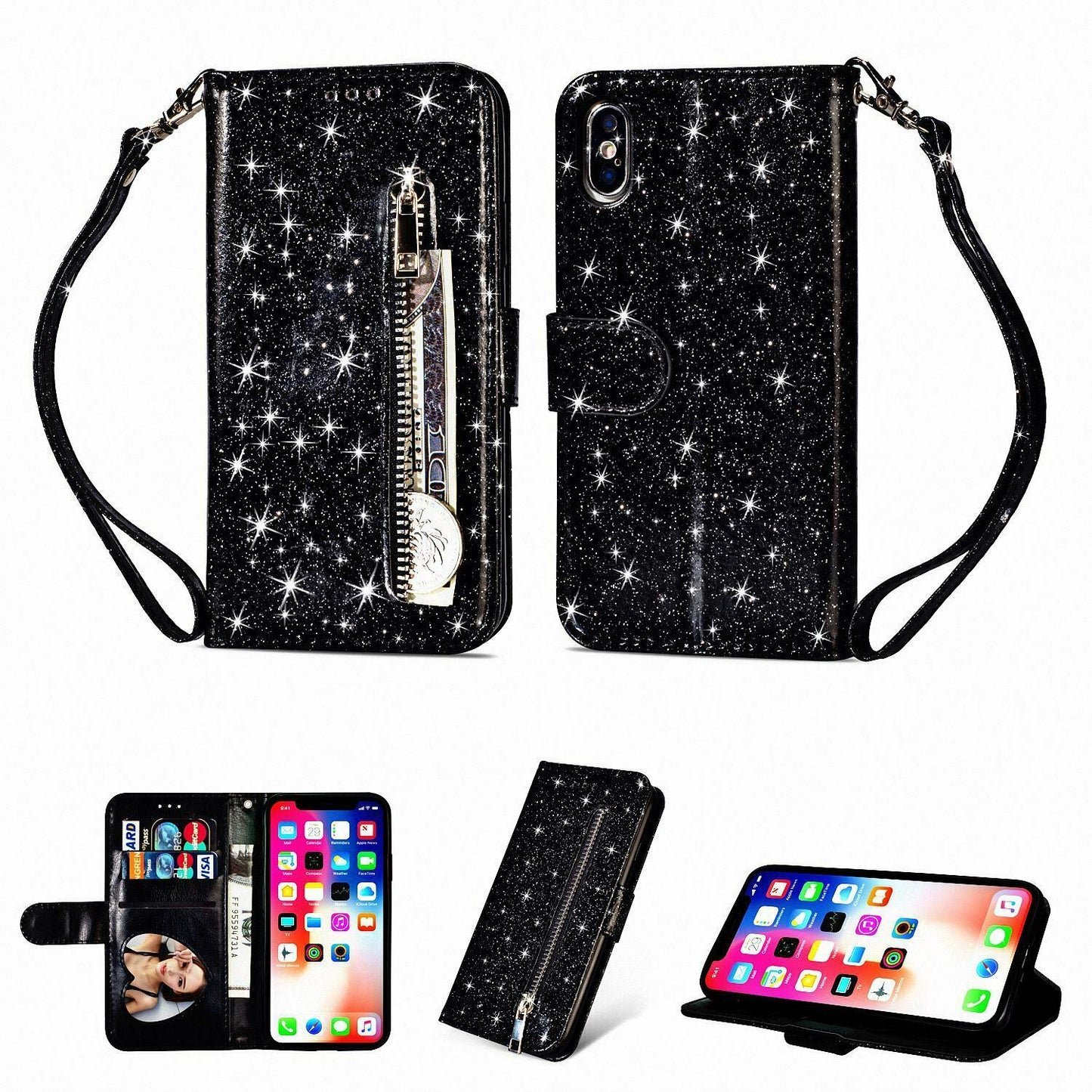 Glitter Bling Leather Zipper Wallet Case For iPhone - carolay.co