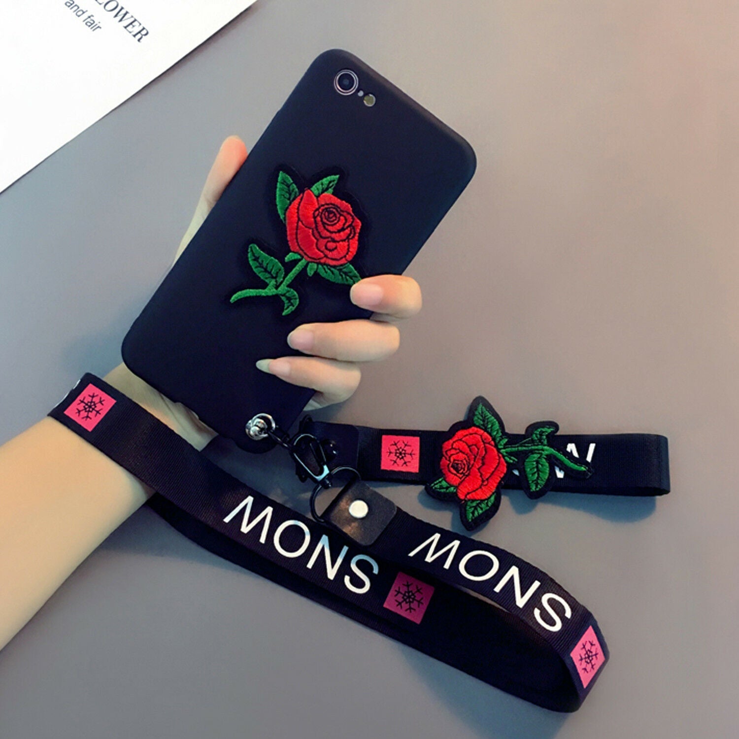 Luxury Embroidery Rose Flower Neck Strap Soft case For iPhone - carolay.co
