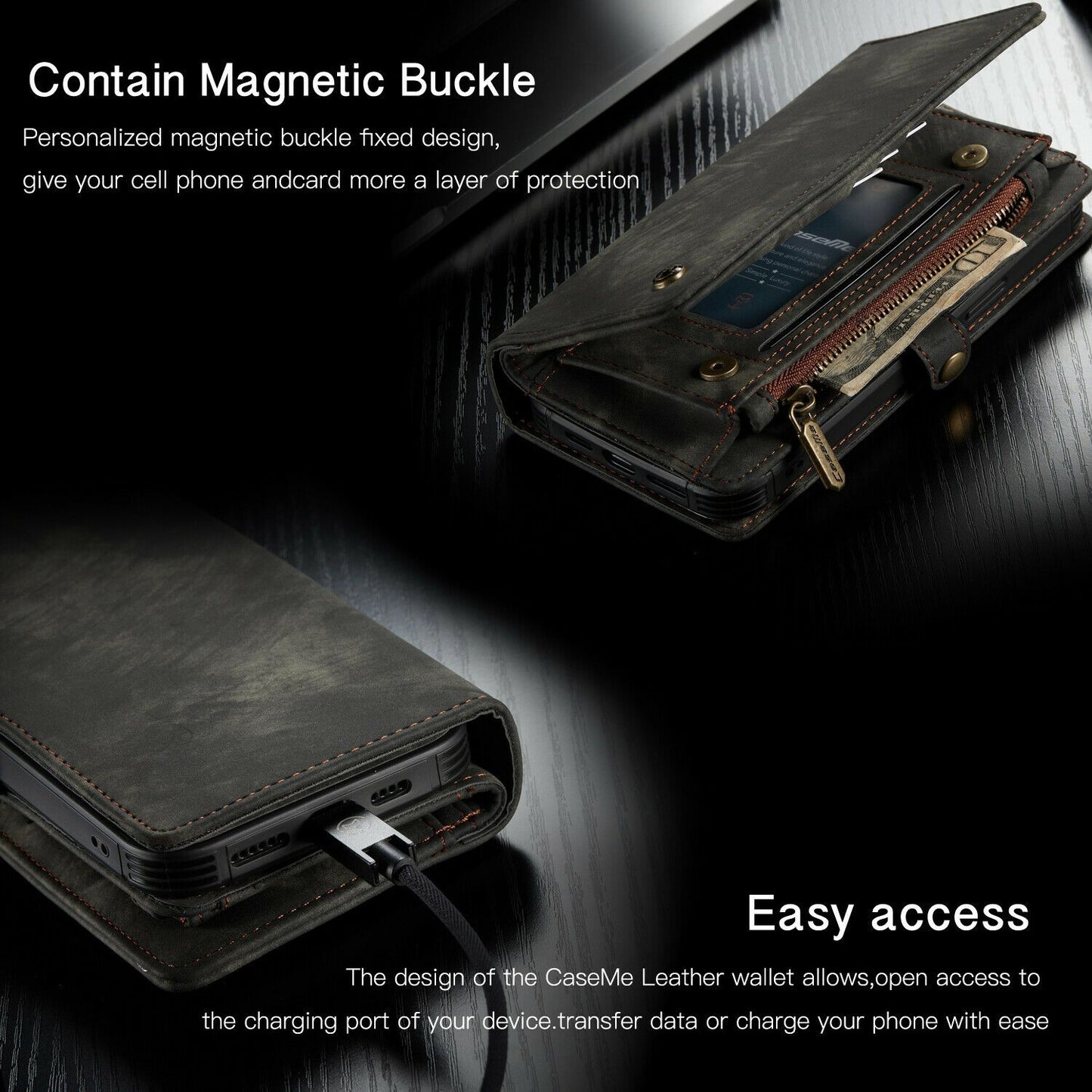 Magnetic Zipper Leather Wallet Case For iPhone - carolay.co