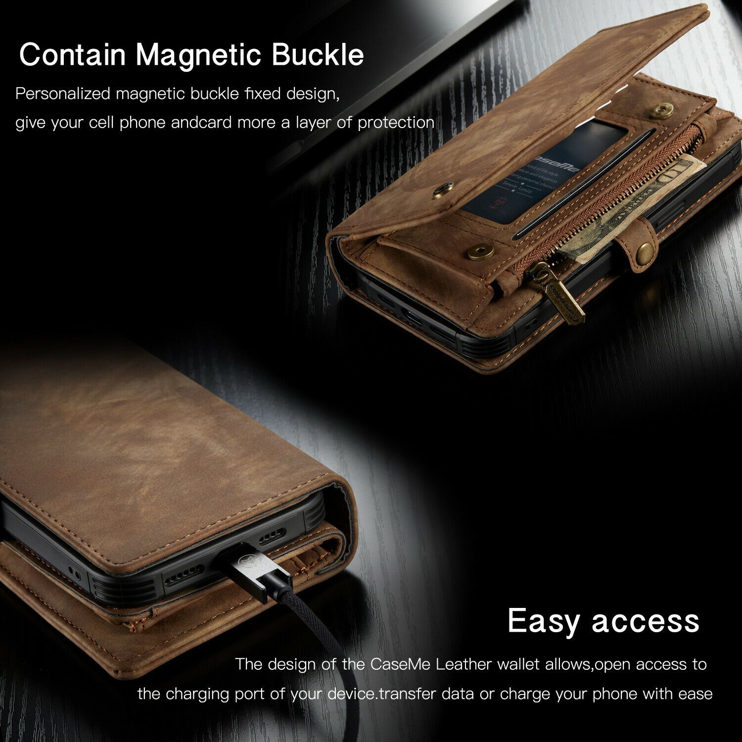 Magnetic Zipper Leather Wallet Case For iPhone - carolay.co