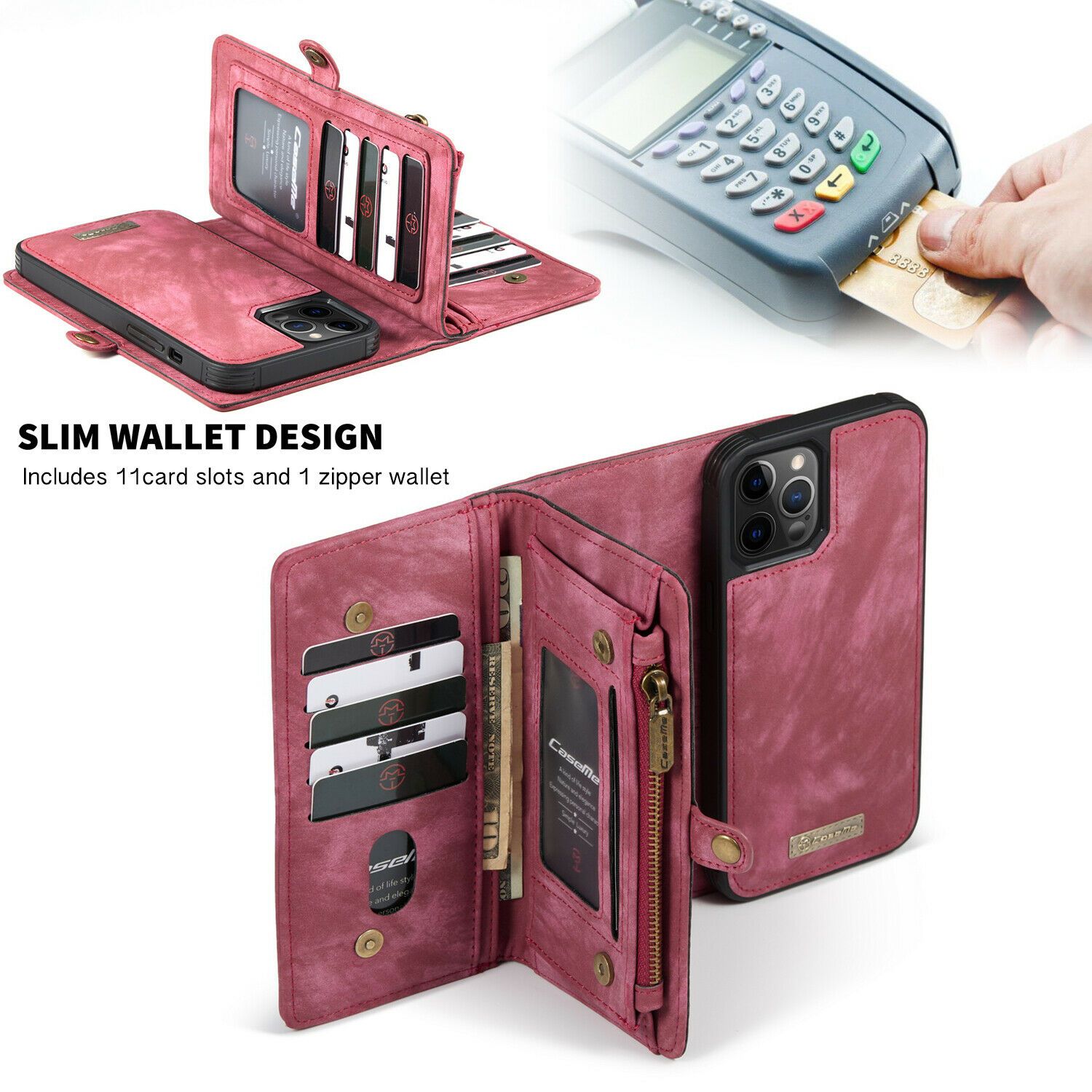 Magnetic Zipper Leather Wallet Case For iPhone - carolay.co