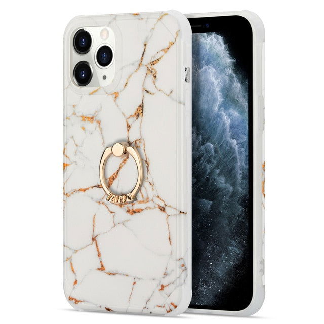 Marble Design Ring Stand Case Geometric Soft Shockproof for iPhone - carolay.co