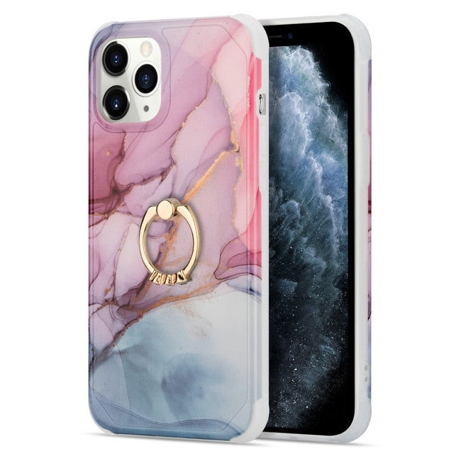 Marble Design Ring Stand Case Geometric Soft Shockproof for iPhone - carolay.co