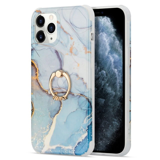 Marble Design Ring Stand Case Geometric Soft Shockproof for iPhone - carolay.co