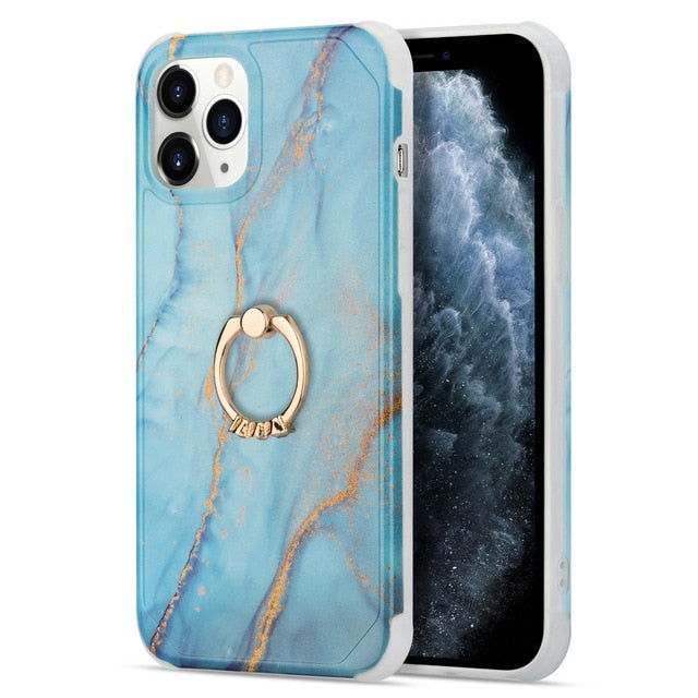 Marble Design Ring Stand Case Geometric Soft Shockproof for iPhone - carolay.co