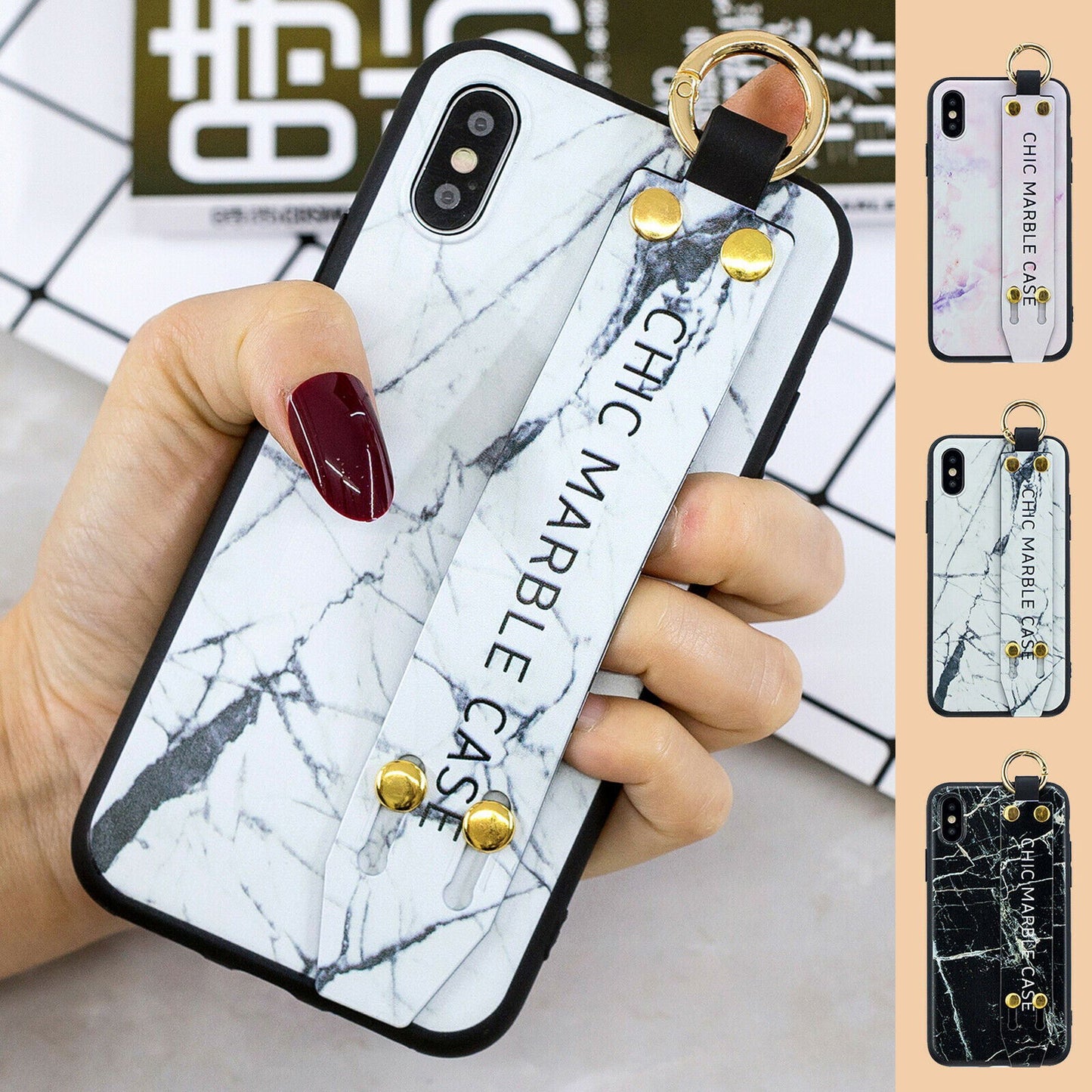 Marble Pattern Leather Wrist Band Stand Cover For iPhone - carolay.co