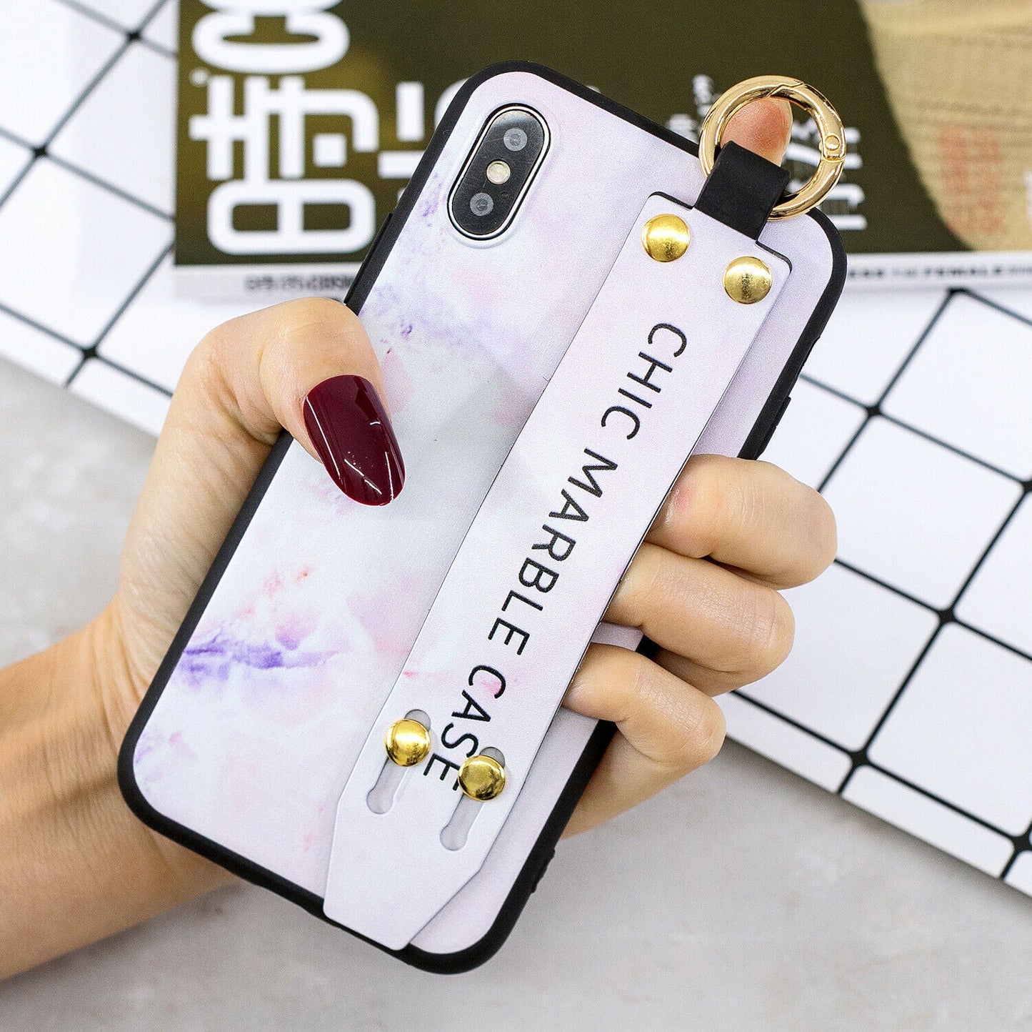Marble Pattern Leather Wrist Band Stand Cover For iPhone - carolay.co