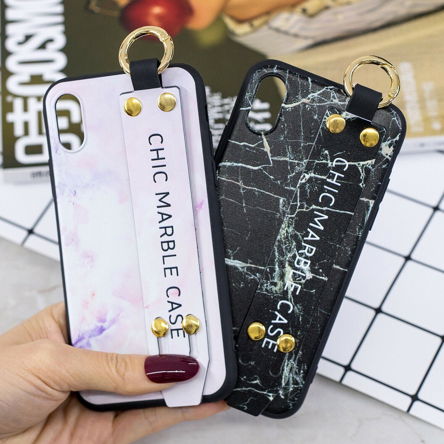 Marble Pattern Leather Wrist Band Stand Cover For iPhone - carolay.co