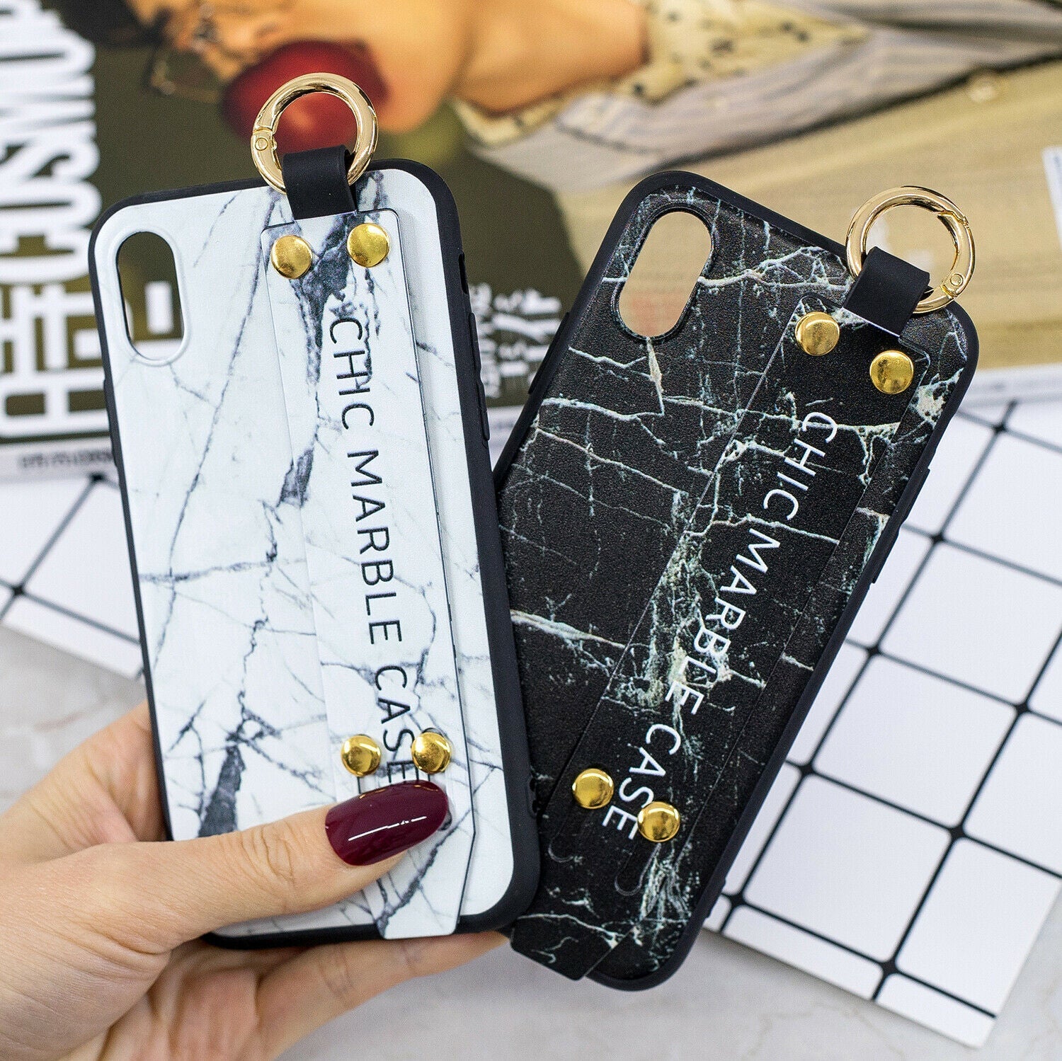 Marble Pattern Leather Wrist Band Stand Cover For iPhone - carolay.co
