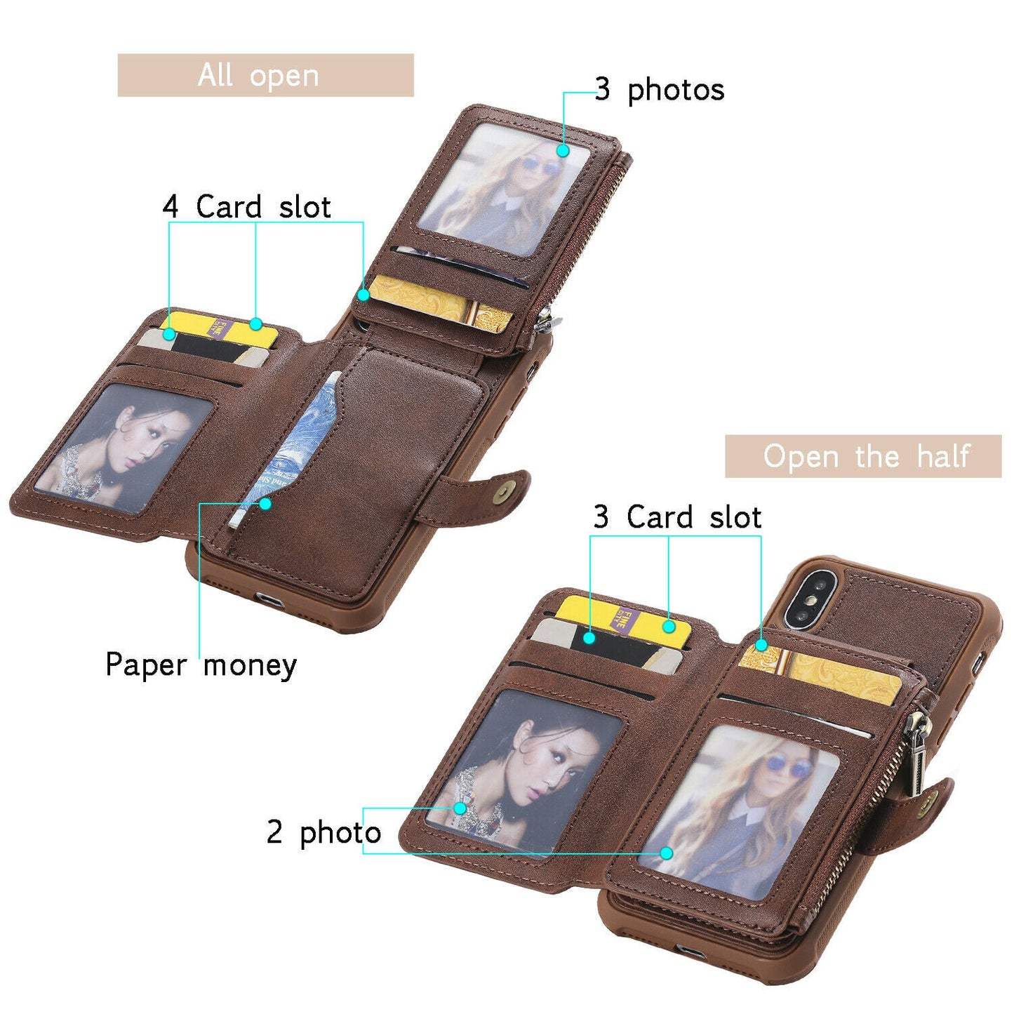 Zipper Multifunction Wallet Card Slot Leather Stand Case For iPhone - carolay.co