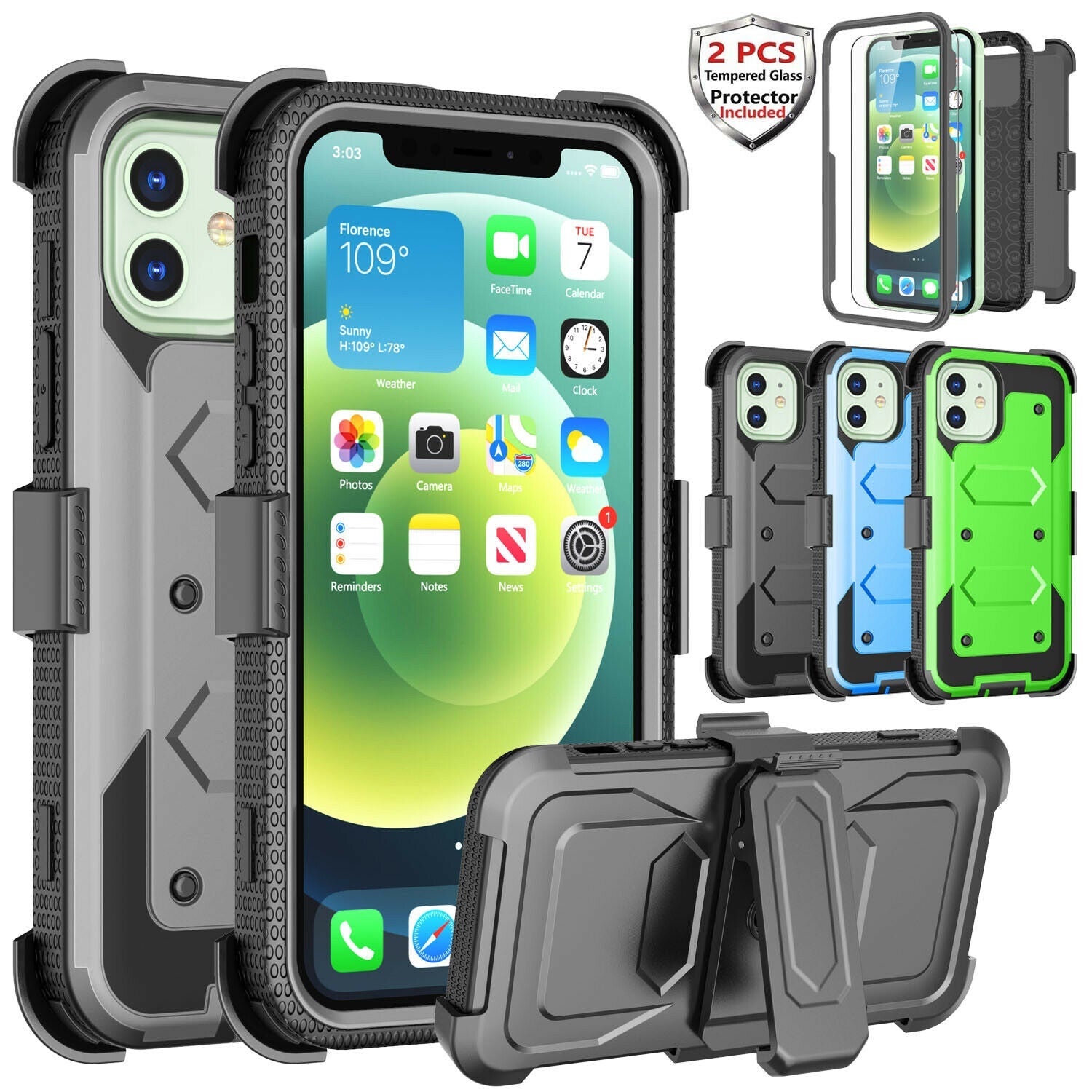 Case Belt Clip Stand + 2 Pack Screen Protector for iPhone 12 - carolay.co