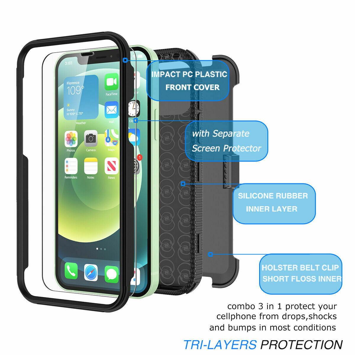 Case Belt Clip Stand + 2 Pack Screen Protector for iPhone 12 - carolay.co