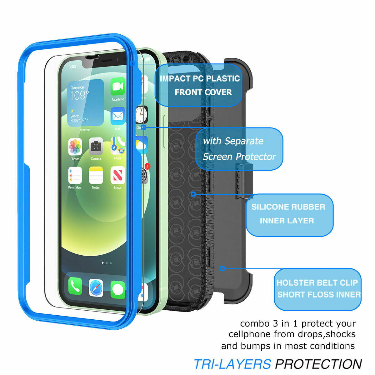 Case Belt Clip Stand + 2 Pack Screen Protector for iPhone 12 - carolay.co