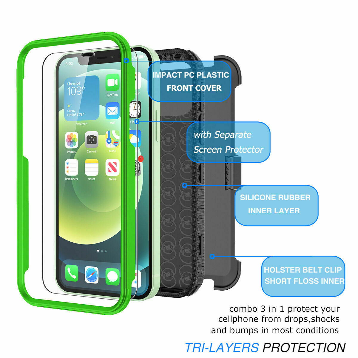 Case Belt Clip Stand + 2 Pack Screen Protector for iPhone 12 - carolay.co