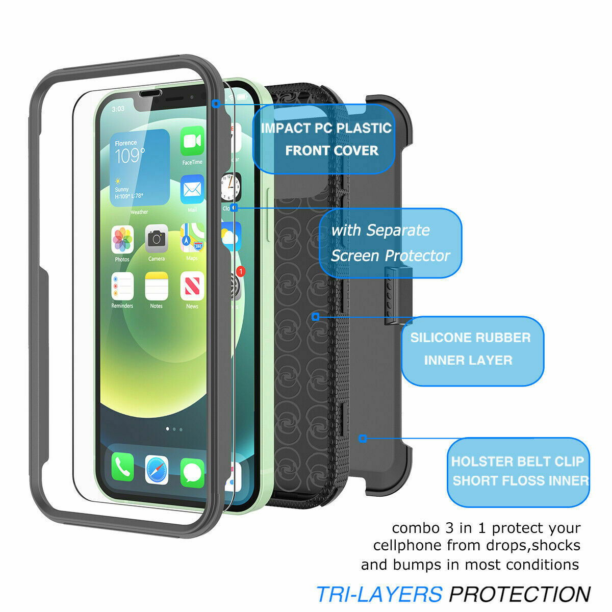 Case Belt Clip Stand + 2 Pack Screen Protector for iPhone 12 - carolay.co