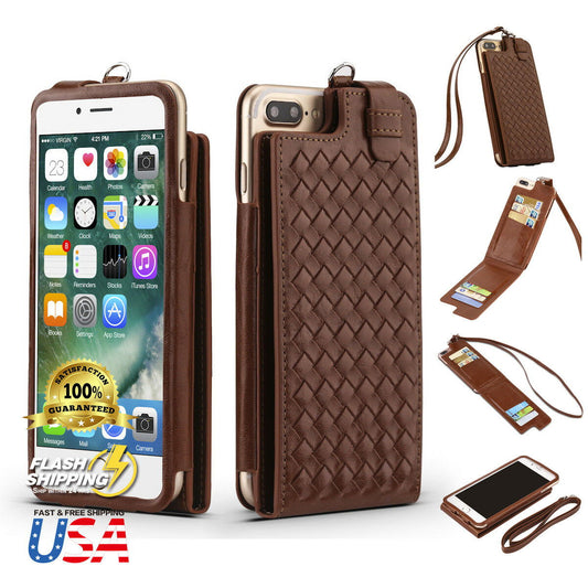 Fits Luxurious Woven Leather Card Slot Wallet Case Lanyard For iPhone - carolay.co