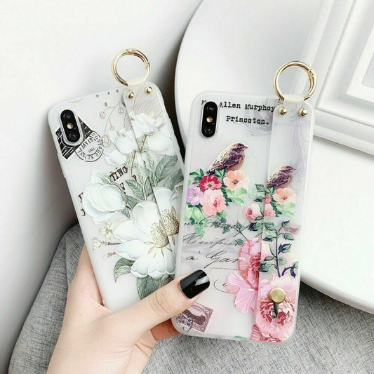 Flower Pattern Clear Slim Hand Strap Holder Case For iPhone - carolay.co