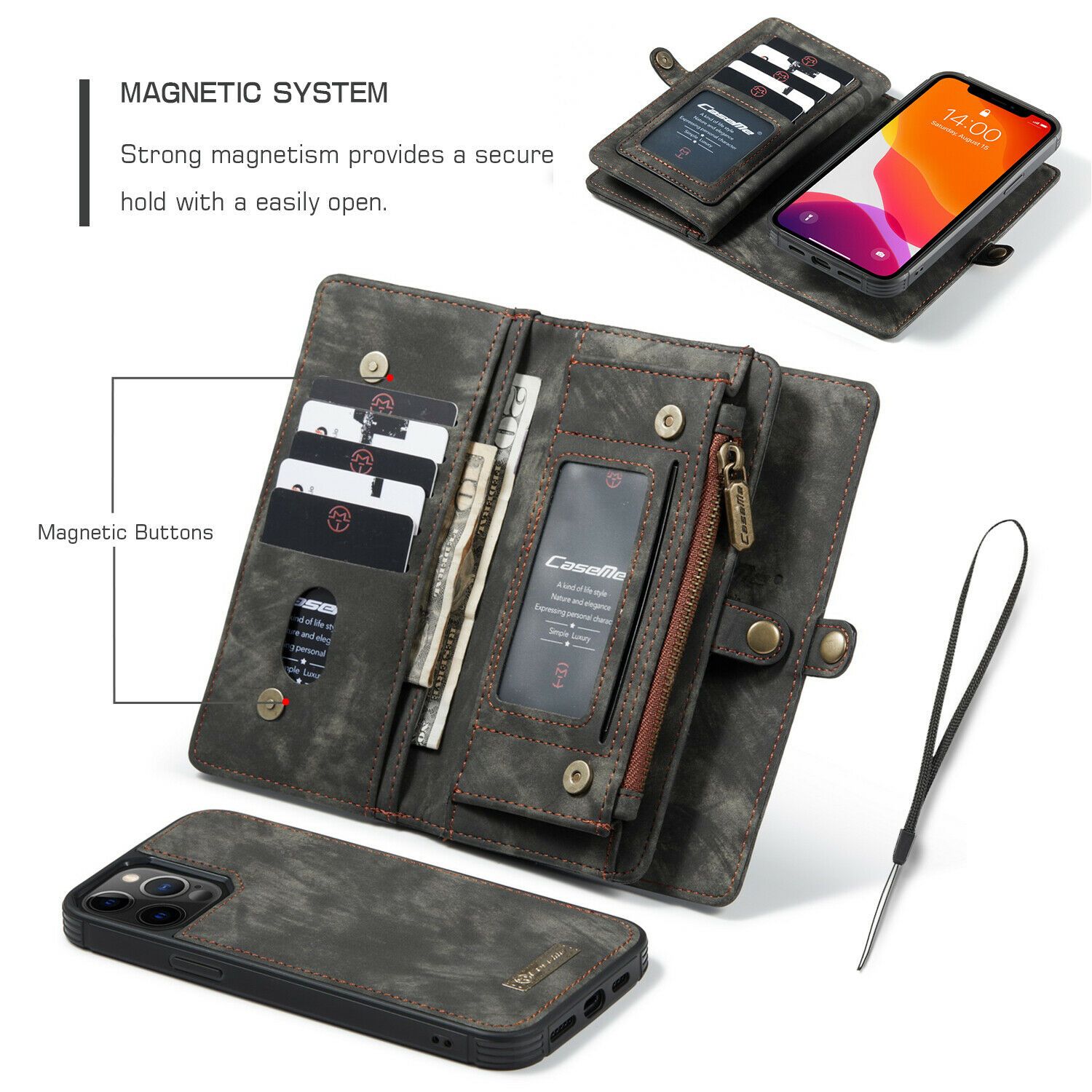 Magnetic Zipper Leather Wallet Case For iPhone - carolay.co