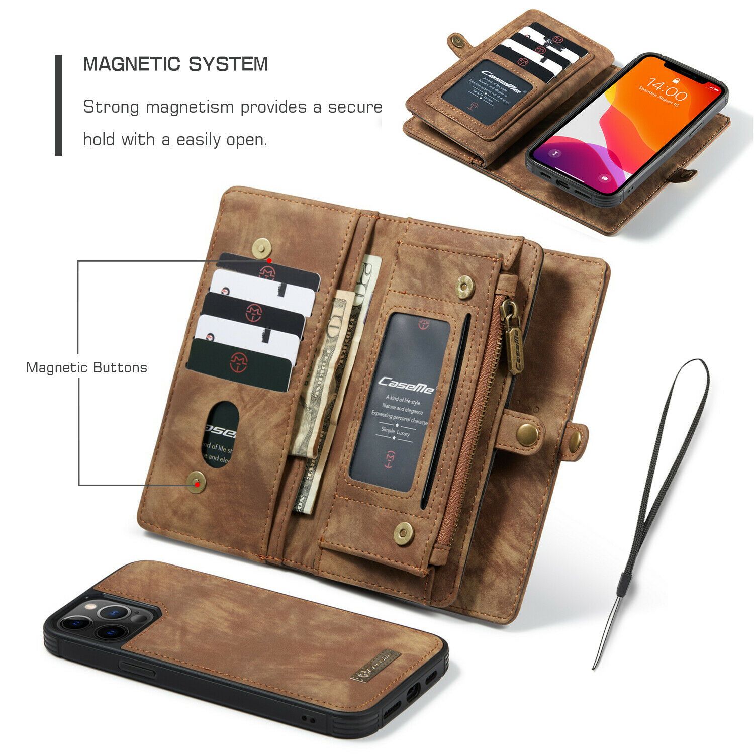 Magnetic Zipper Leather Wallet Case For iPhone - carolay.co