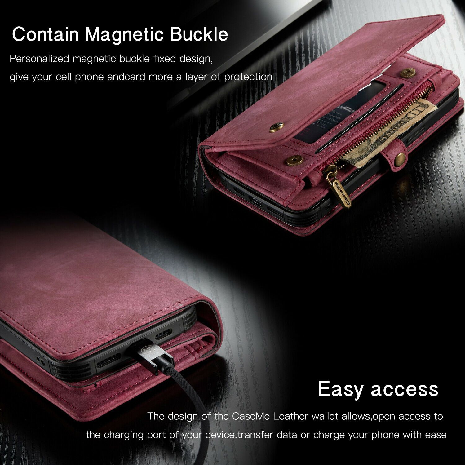 Magnetic Zipper Leather Wallet Case For iPhone - carolay.co