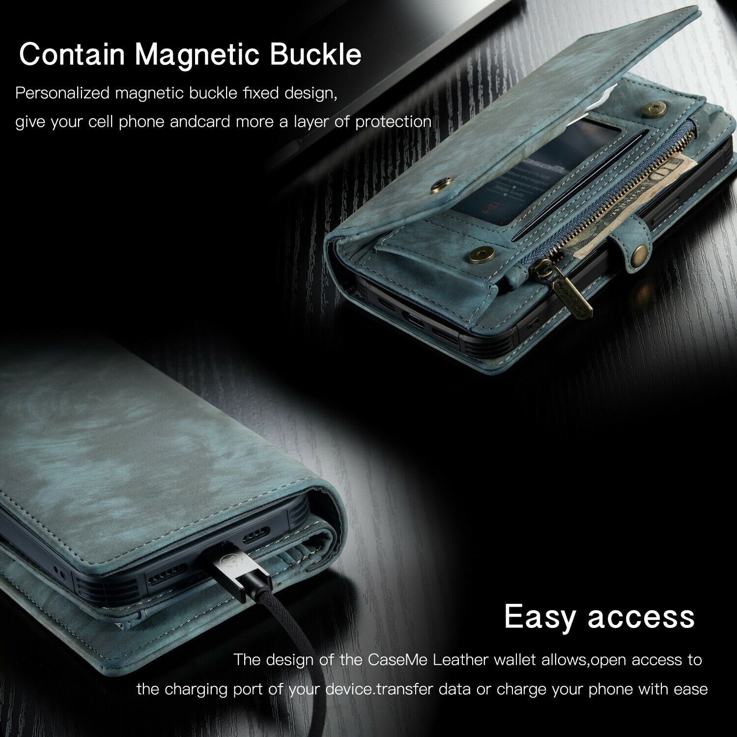 Magnetic Zipper Leather Wallet Case For iPhone - carolay.co