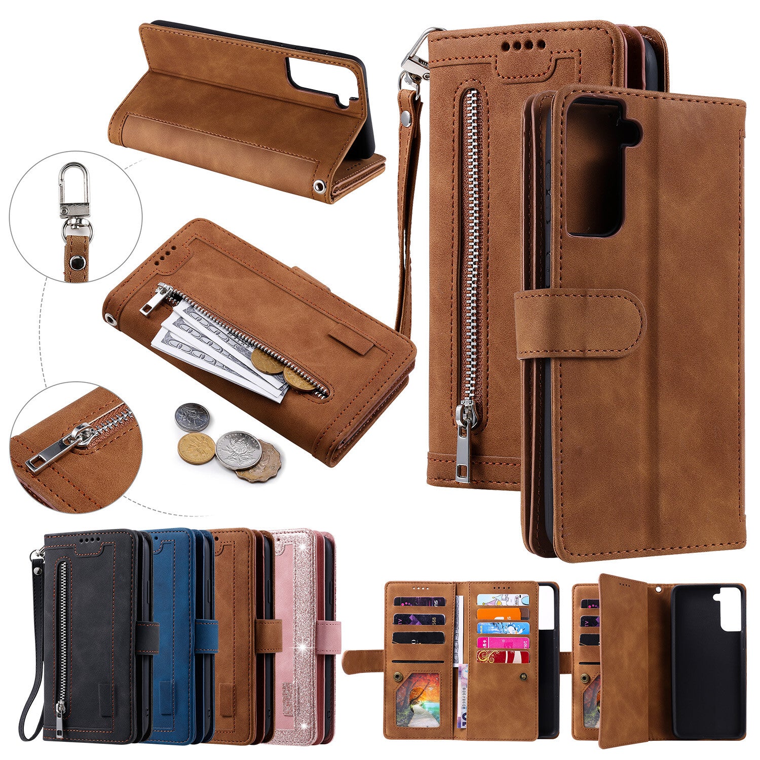 Zipper Leather Wallet Case For Samsung Galaxy S25 S24 S23 S22 Ultra Plus S21 S20