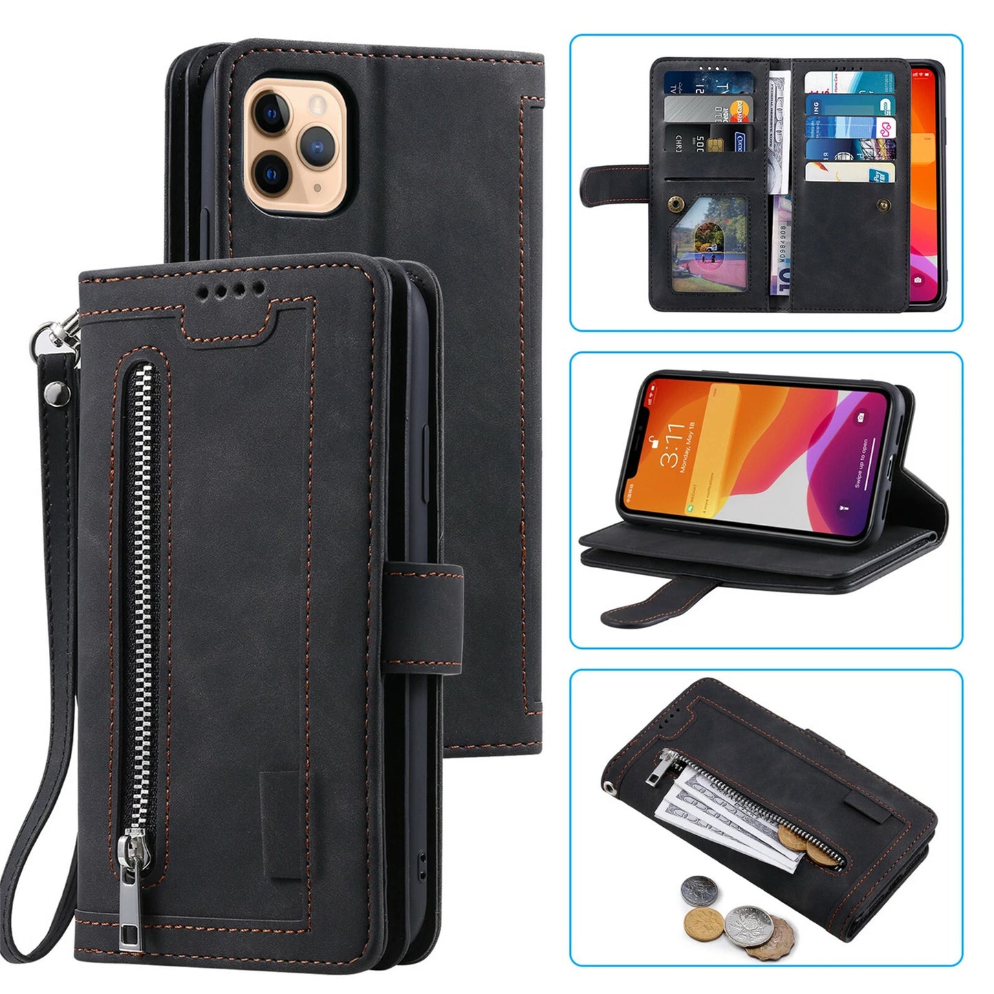 Zipper Leather Wallet Case For iPhone 16 15 17 Pro Max 14 13 12 11 Flip Cover