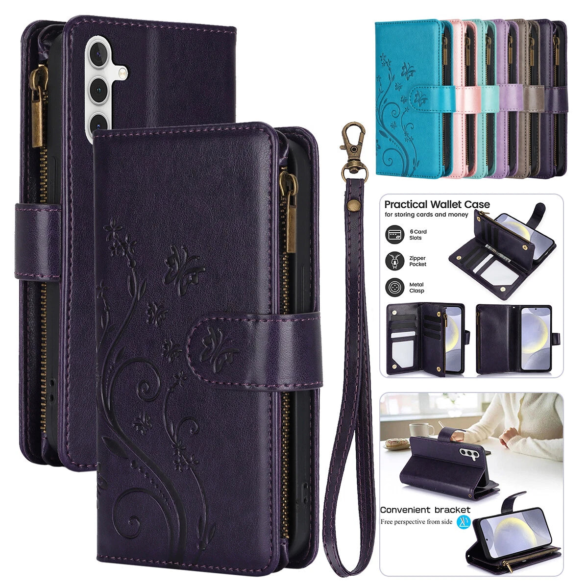 Leather Zipper Wallet Phone Case For Samsung Galaxy S25 S24 Ultra S23 S22 S21 FE