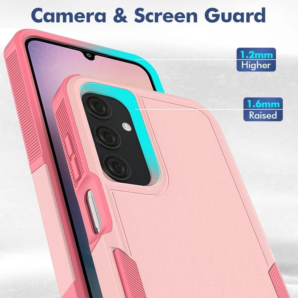 Pink Samsung Galaxy A16 5G case with dual-layer protection, camera and screen guard, 1.2mm higher and 1.6mm raised edges.