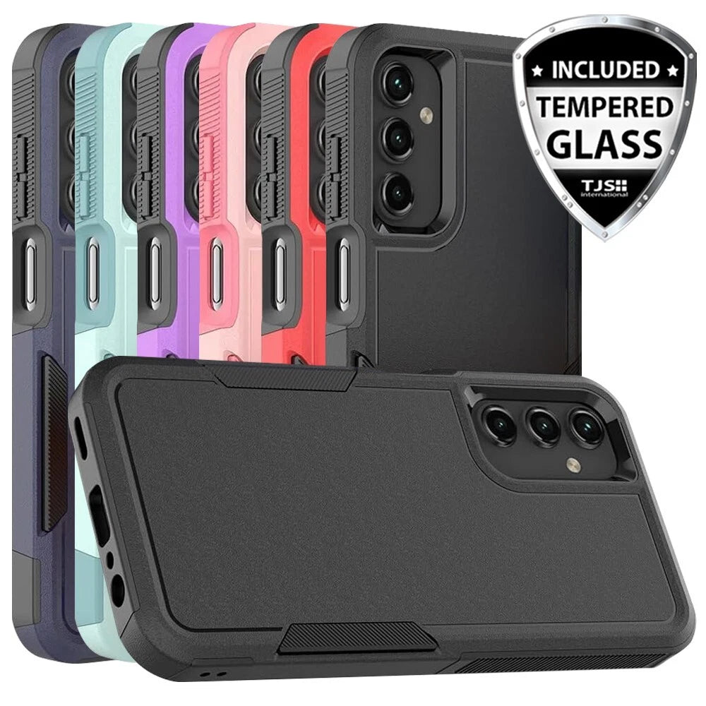 Black Samsung Galaxy A16 5G case with textured grip, triple camera cutout, and “Included Tempered Glass” badge.