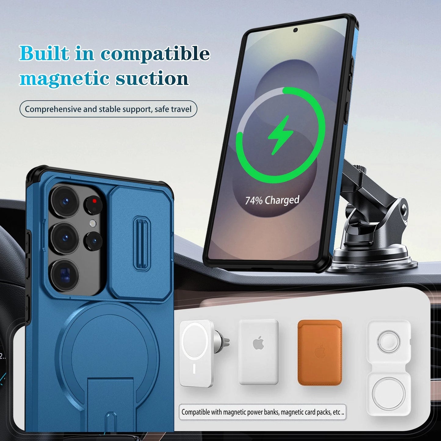 For Samsung Galaxy S25FE S24 S25 Ultra Shockproof Mag Safe Stand Slide Lens Case