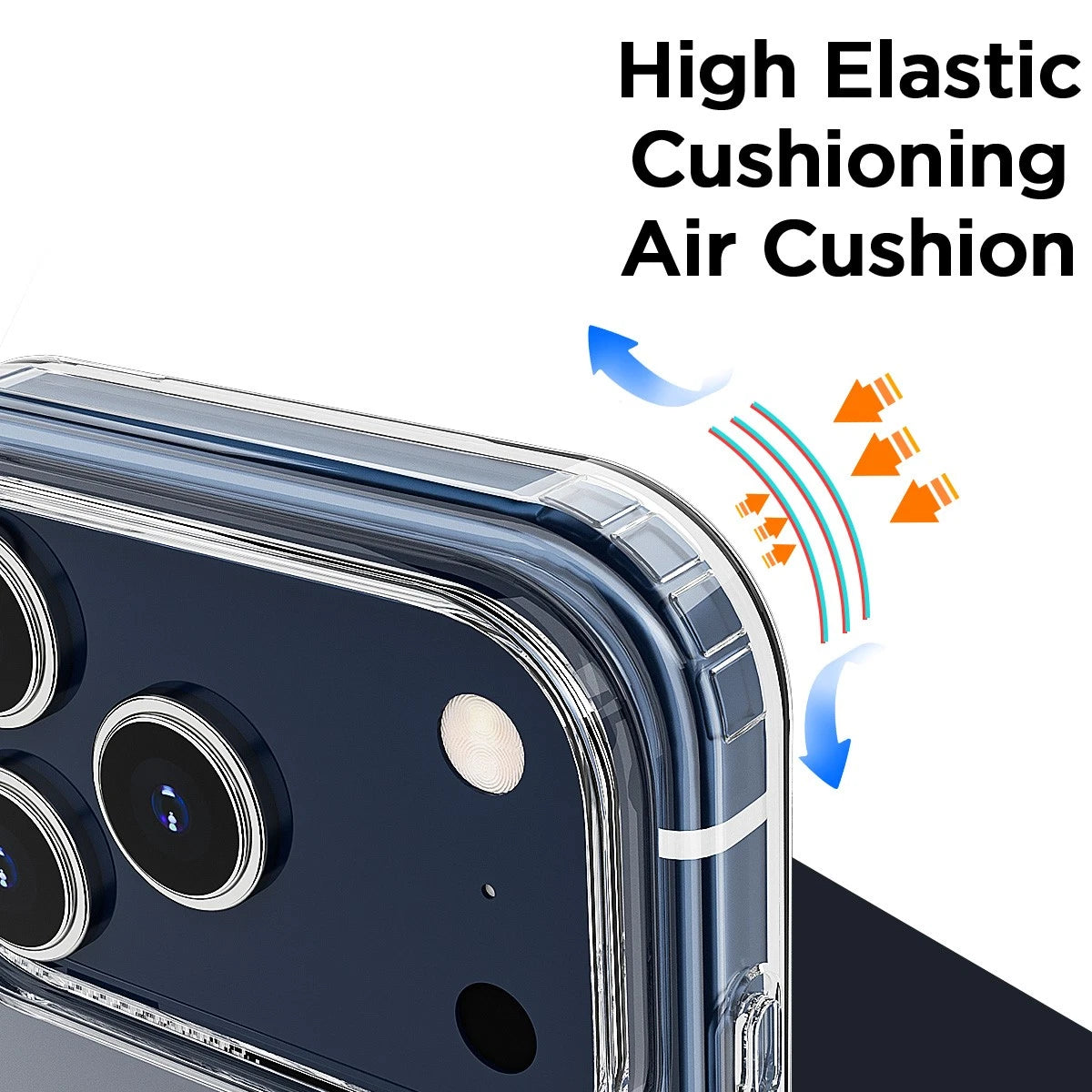 Clear iPhone 17 Pro Max case with high elastic cushioning air cushion graphic and orange arrows showing shock absorption.