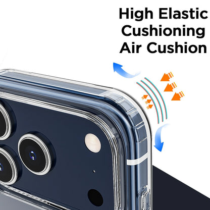 Clear iPhone 17 Pro Max case with high elastic cushioning air cushion graphic and orange arrows showing shock absorption.
