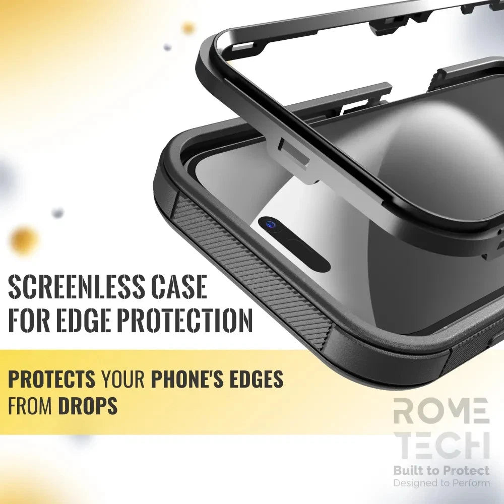 Black screenless iPhone case with textured edges and metal frame, protecting phone sides from drops.