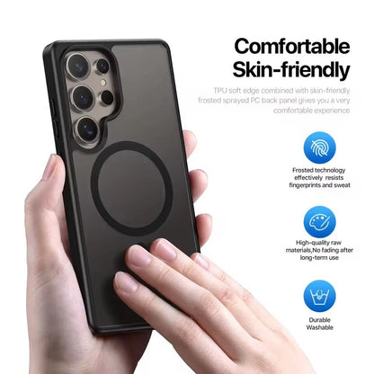 Black frosted Samsung Galaxy S25 Ultra case with Mag Safe circle, TPU edge, and skin-friendly PC back panel.