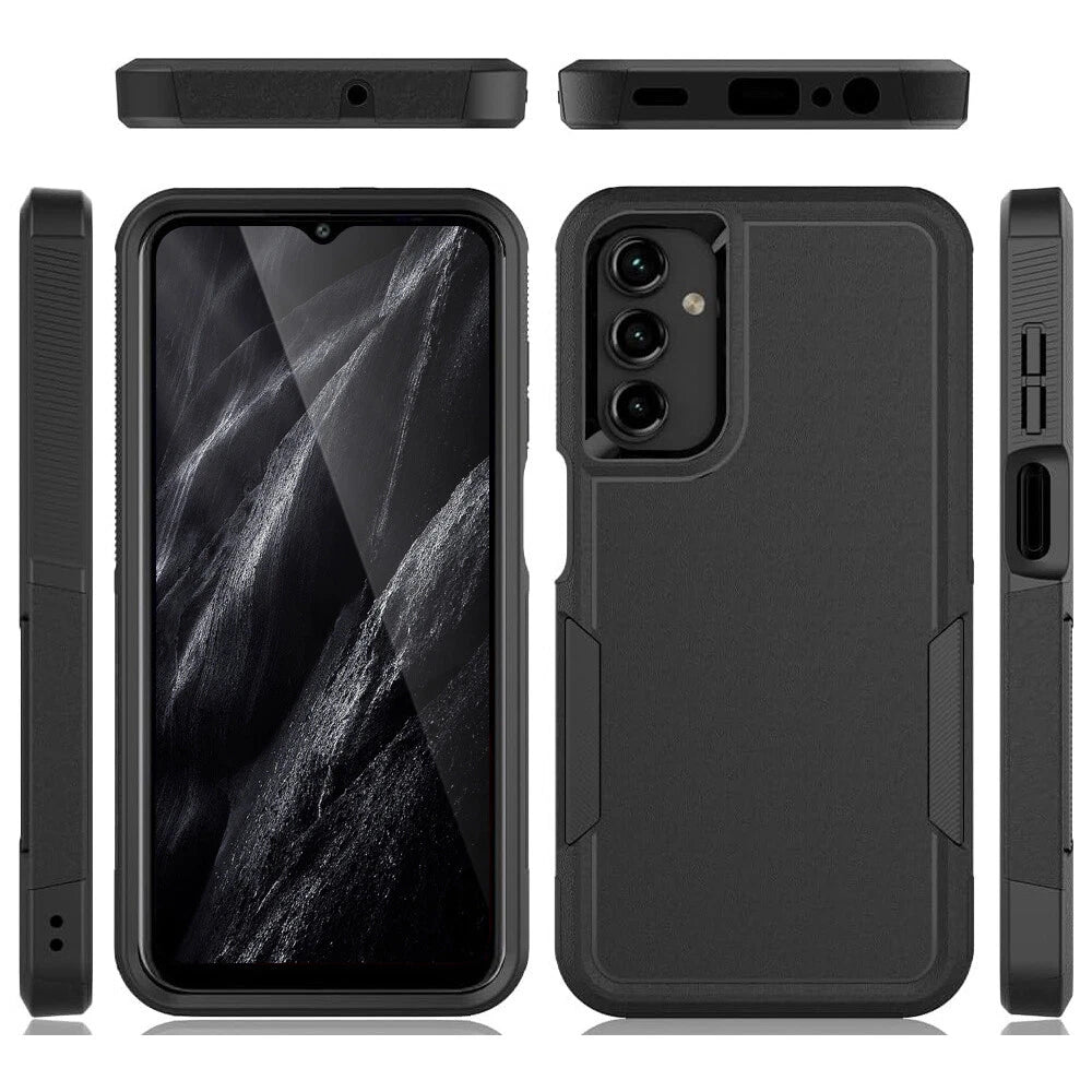 Black Samsung Galaxy A16 5G case with textured grip, dual-layer protection, and tempered glass screen cover.