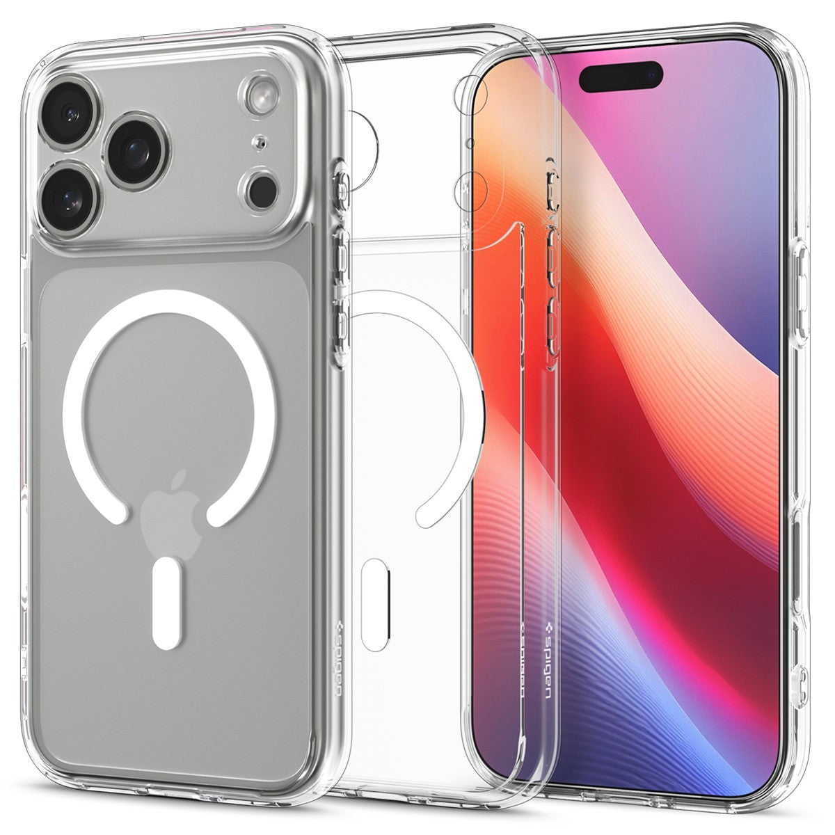 Clear Spigen Ultra Hybrid MagFit iPhone 17 Pro Max case with white MagSafe ring and camera cutouts.