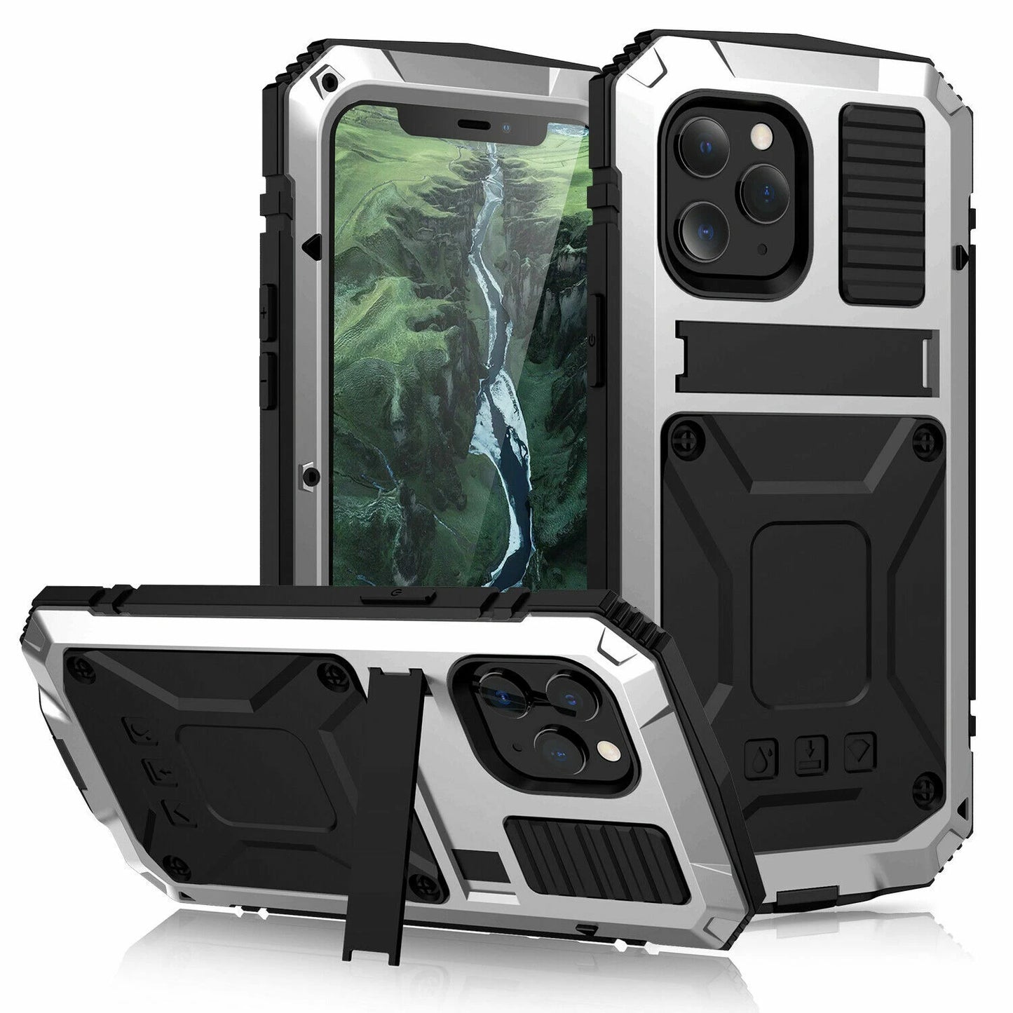 Heavy Duty Armor Metal Screen Glass Stand Case for iPhone 17 Pro Max 16 15 14 13