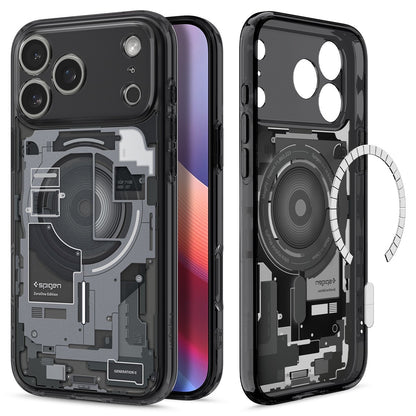 Black Spigen Ultra Hybrid MagFit iPhone 17 Pro Max/Pro case with transparent back showing internal camera and circuitry.