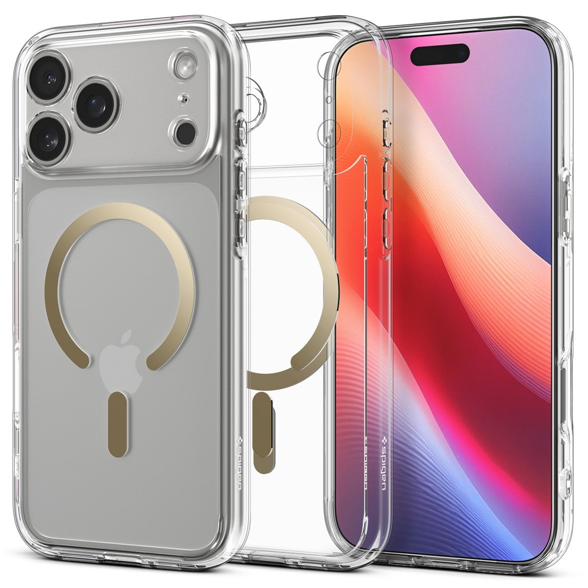 Clear Spigen Ultra Hybrid MagFit iPhone 17 Pro Max case with gold magnetic ring and camera cutout on back.